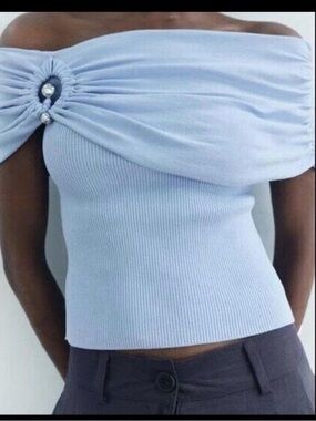 Zara Light Blue Off-Shoulder Ring Knit Ribbed Top